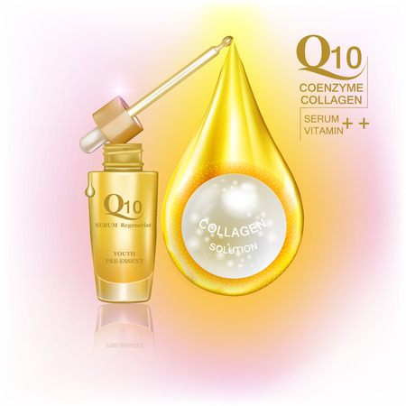 Q10  coenzyme , collagen and Serum , Background Vector Concept with gold package and pearl in drop of gold waterのイラスト素材
