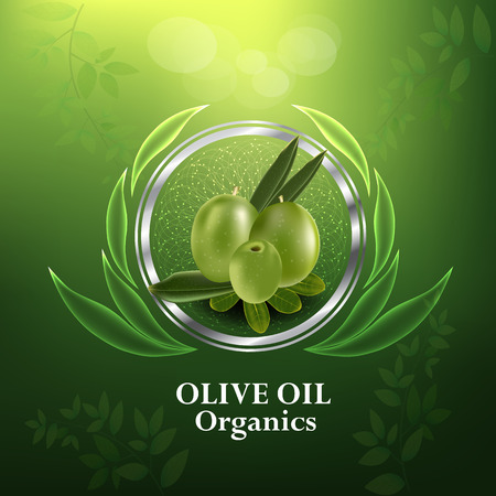 Olive oil organics collagen serum. Beauty Concept Skin Care Cosmetic.Background Vector Concept with gold drop of water , olive and leaves in green backgroundのイラスト素材