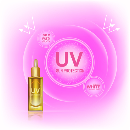 UV sun protection cream  ,UV and Whitening Cream Skin care .Background Vector Concept with gold bottle and text in lighting effectのイラスト素材
