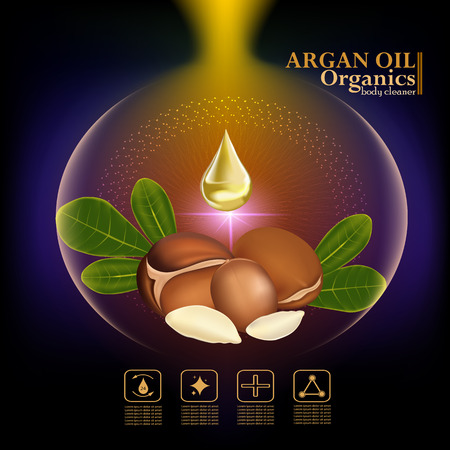Argan oil body cleaner. Beauty Concept Skin Care Cosmetic.Background Vector Concept with gold drop of water , argan and green leaves in lightinf effectのイラスト素材