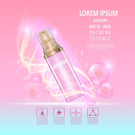Serum anti age. Background Vector Concept with pink and gold bottle , bubble in lighting effectのイラスト素材
