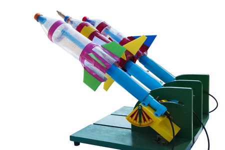 close-up of colorful water bottle rocket on white backgroundの写真素材