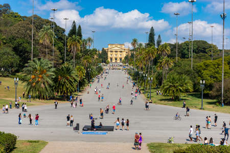 Ipiranga Museum in SÃ£o Paulo seen from Independence Square with people walking and exercisingのeditorial素材