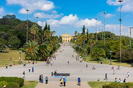 Ipiranga Museum in SÃ£o Paulo seen from Independence Square with people walking and exercisingのeditorial素材
