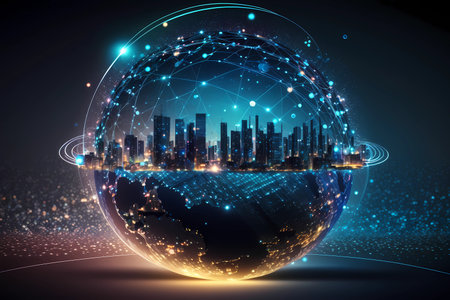 Abstract digital globe with glowing city and network connection. Vector illustration.の素材