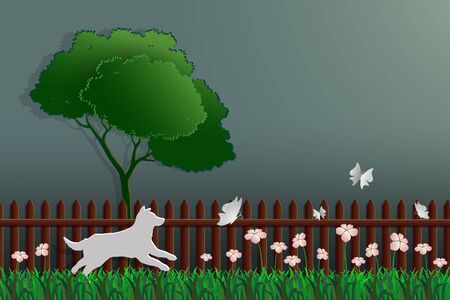 Dog catching butterfly in the garden. Paper art concept of nature.のイラスト素材