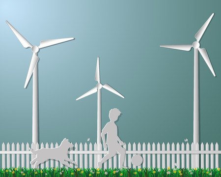 Concept of nature and eco friendly,child playing football with dog in the field,paper art style,vector illustrationのイラスト素材