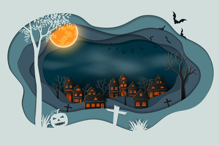 Paper art of happy halloween,Bats flying in the sky above dark village background,vector illustrationのイラスト素材