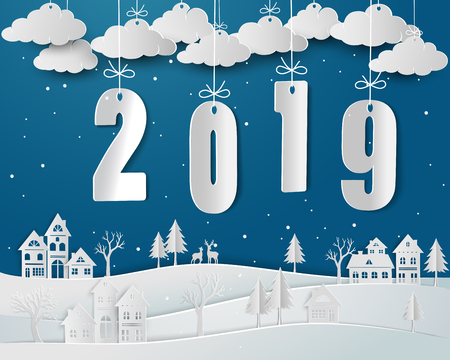Happy new year 2019 with snow urban countryside in winter season,paper art and craft design,vector illustrationのイラスト素材