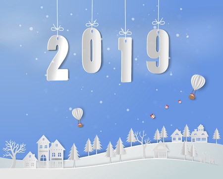 Happy new year 2019 on paper art background,white balloon with gift box floating above countryside house,vector illustrationのイラスト素材