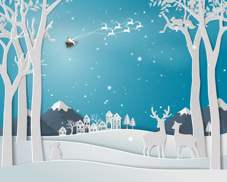 Deer family in winter season with urban city landscape on paper art background for christmas holiday and happy new year,vector illustrationのイラスト素材