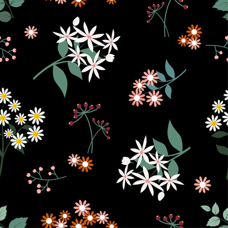 Wild flower seamless pattern on dark background,graphic design for fabric,print or textile,vector...