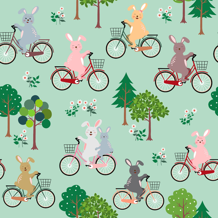 Cute rabbits the gang with bicycle happy in the garden seamless pattern for kid product,fashion,fabric,textile,print or wallpaper,vector illustrationのイラスト素材