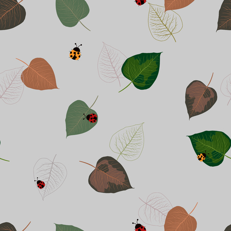 Colorful hand drawn tropical leaves with cute ladybugs seamless pattern,for decorative,apparel,fashion,fabric,textile,print or wallpaper,vector illustrationのイラスト素材