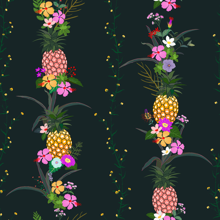 Pineapple with colorful tropical flowers and leaves seamless pattern on dark summer night background,for decorative,fashion,fabric,textile,print or wallpaper,vector illustrationのイラスト素材
