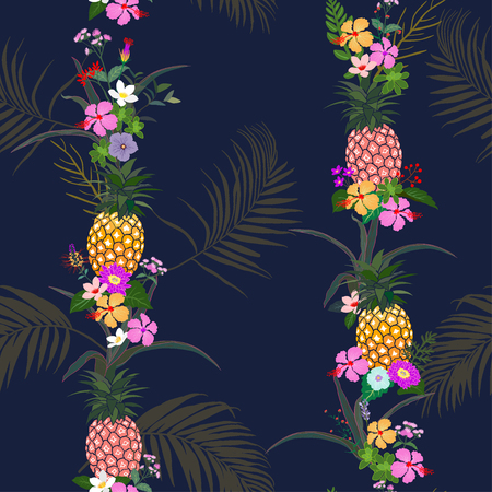 Colorful summer night tropical flowers and leaves seamless pattern on navy blue background,for decorative,fashion,fabric,textile,print or wallpaper,vector illustrationのイラスト素材