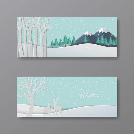Set of winter collection,paper art deers in the forest with snowflakes on pastel blue background for greeting card,invitation,banner,poster,template,vector illustrationのイラスト素材