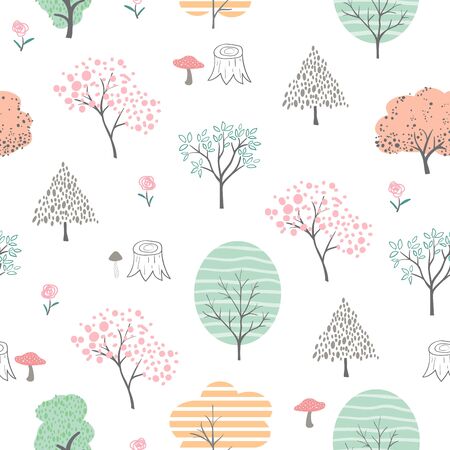 Cute colorful forest seamless pattern,hand drawn cartoon isolated on white background,vector illustrationのイラスト素材