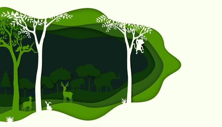 Ecology and environment conservation concept with animals wildlife on green nature forest background,vector illustrationのイラスト素材