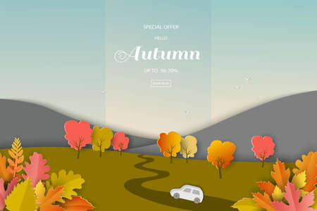 Landscape of autumn or fall background with colorful leaves for shopping promotion,web banner,poster or flyer,vector illustrationのイラスト素材