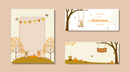 Collection of nature autumn sale banner with cute animal and colorful leaves,fall poster background for advertising,website,flyer,template,voucher discount or promotion,vector illustrationのイラスト素材