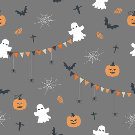 Seamless pattern with cute cartoon hand drawn on halloween theme,vector illustrationのイラスト素材