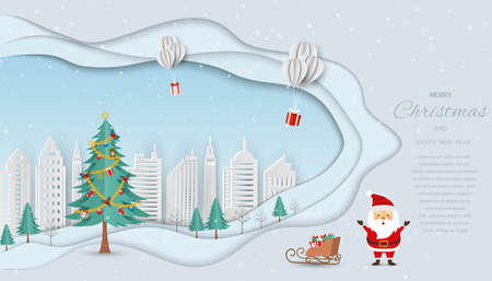 Merry Christmas and Happy new year greeting card,Santa Claus send gift boxes by balloons to white city,vector illustrationのイラスト素材