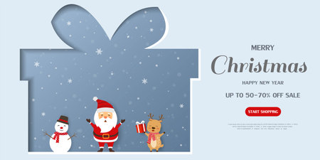 Merry Christmas and Happy new year sale banner on paper cut background,Santa Claus with friends happy on winter holiday,vector illustrationのイラスト素材