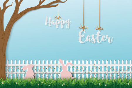 Happy Easter greeting card with cute rabbits on beautiful garden,nature landscape for festive spring holiday,vector illustrationのイラスト素材