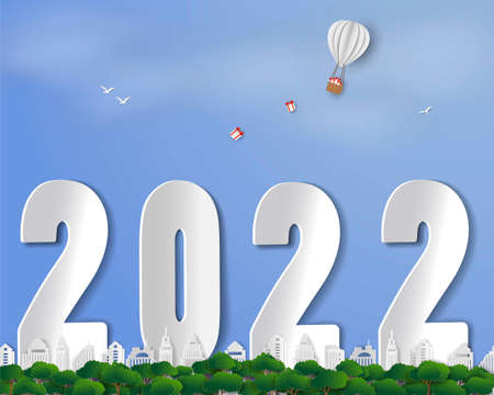Happy new year 2022 on paper art blue background,vector illustration
