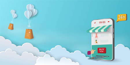 Concept of shopping online with smart phone on blue sky background,vector illustrationのイラスト素材
