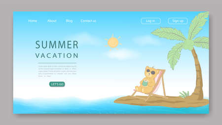 Summer vacation landing page with cute bear on colorful background for website,template or banner,vector illustrationのイラスト素材