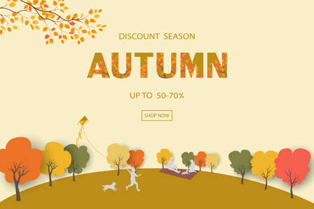 Discount season with family happy on autumn or fall background,for shopping promotion,banner,poster,flyer or website,vector illustrationのイラスト素材