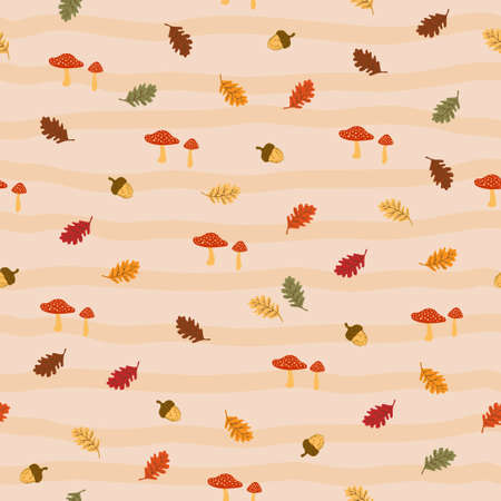 Autumn seamless pattern with acorns,oak leaves and mushrooms in orange,brown,green,beige and yellow,vector illustrationのイラスト素材