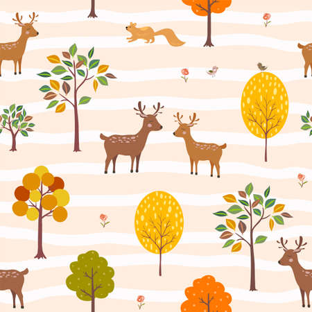 Deer couple fall in love when autumn is coming,cute cartoon animals seamless pattern,vector illustrationのイラスト素材
