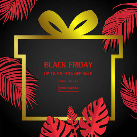 Black friday sale banner template with red tropical leaves on dark background for advertising,shopping online or discount promotion,vector illustrationのイラスト素材