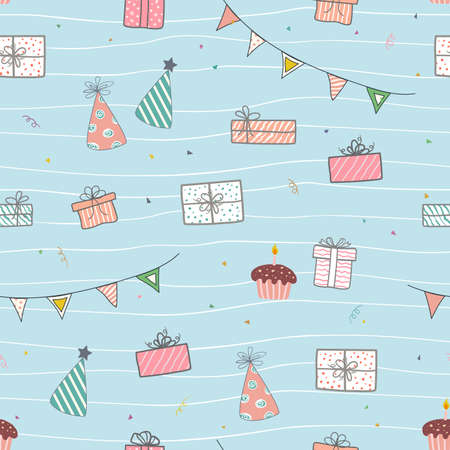 Hand drawn cute gift box seamless pattern on soft blue background,vector illustrationのイラスト素材