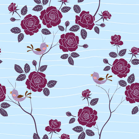 Seamless pattern with sweet garden roses on wavy soft blue background,vector illustrationのイラスト素材
