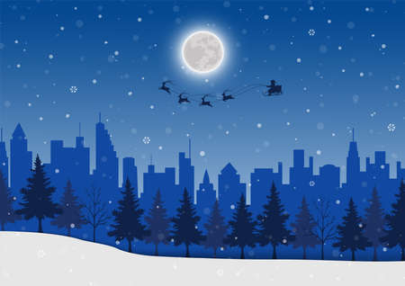 Santa Claus coming to city on winter night background,vector illustrationのイラスト素材
