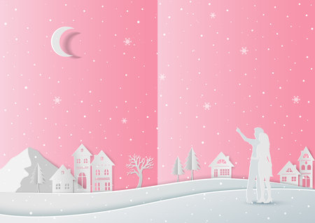 Love in winter concept with paper art on romance background,vector illustrationのイラスト素材