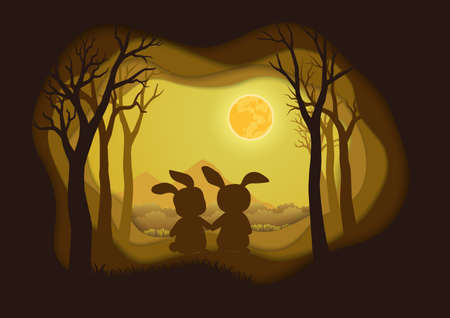 Happy Easter greeting card with rabbits on night scene background,paper cut and craft style for festive spring holiday,vector illustrationのイラスト素材
