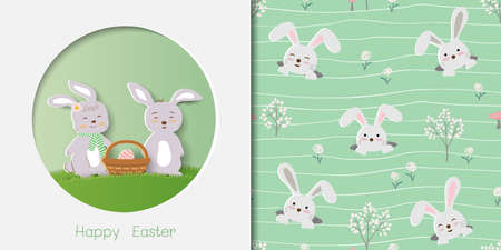 Set of Easter greeting card with cute rabbits and seamless pattern on wavy background,vector illustrationのイラスト素材