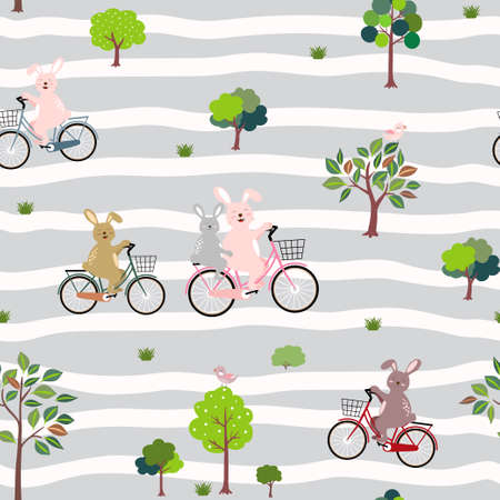 Cute cartoon rabbits with bicycle happy on spring garden,seamless pattern on wavy background for decorative,kid product,fabric,textile and all print,vector illustrationのイラスト素材