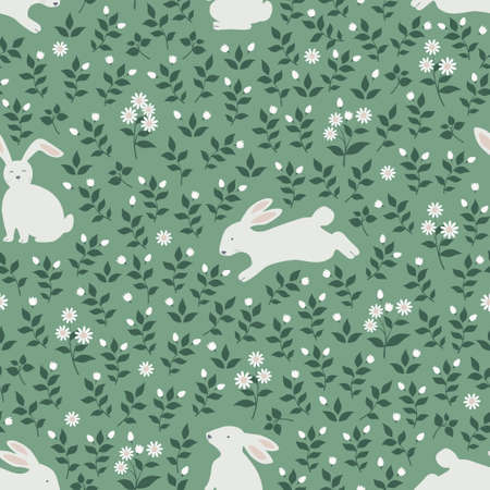 Easter seamless pattern with white rabbits on spring forest,can be use for wallpaper,fashion,fabric,textile,kid product and all print,vector illustrationのイラスト素材