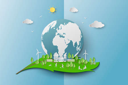 Save the environment conservation ecology concept,paper art landscape with clean city on leaf shape abstract background,vector illustrationのイラスト素材