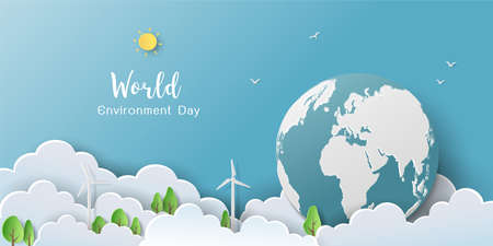 Save nature and eco friendly concept,background with green trees,cloud,windmill and globe on paper...