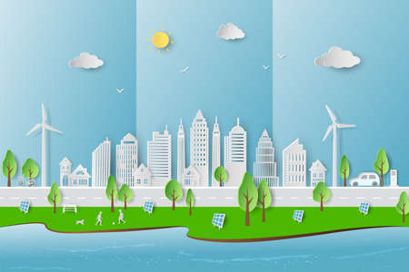 Eco friendly and green energy concept with eco city on paper art style,vector illustrationのイラスト素材