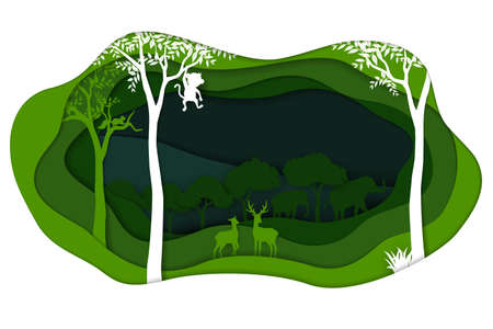 Save nature and environment conservation concept with animals wildlife in forest landscape,abstract paper art scene in depth layer background,vector illustrationのイラスト素材