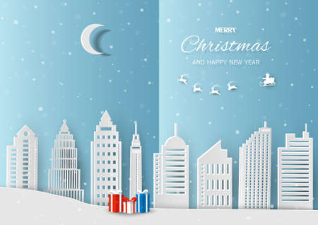 Merry Christmas and happy new year greeting card with Santa Claus coming to white city on winter night,vector illustrationのイラスト素材