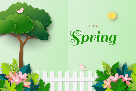 Paper art of Hello Spring with cute birds happy on spring garden,vector illustrationのイラスト素材